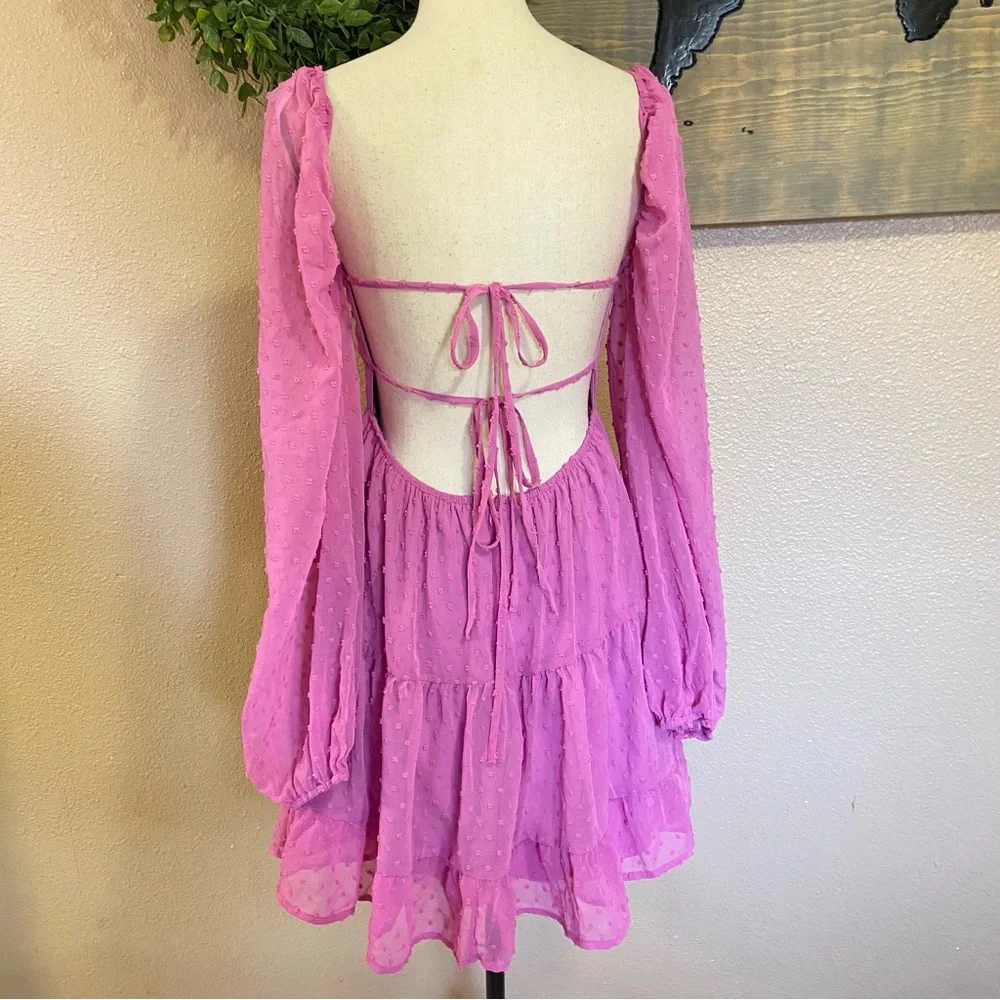 NWOT Lulus Longing And Love Pink Swiss Dot Puffed Long Sleeve Mini Dress_4